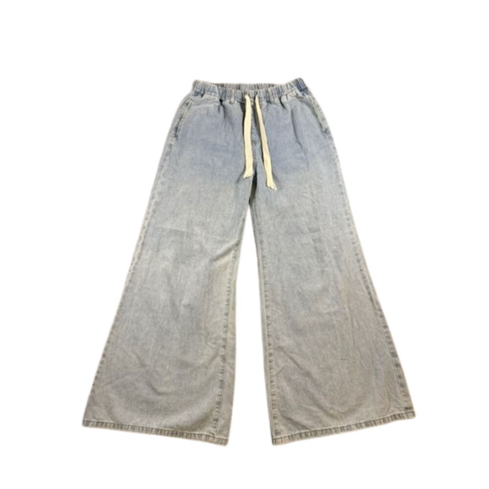 Cider Wide Leg Jeans Women’s L Light Wash Drawstring Elastic Waist Baggy Denim